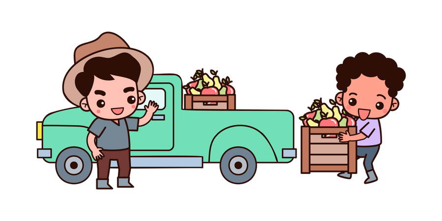 Farmer putting fruit on truck Illustration