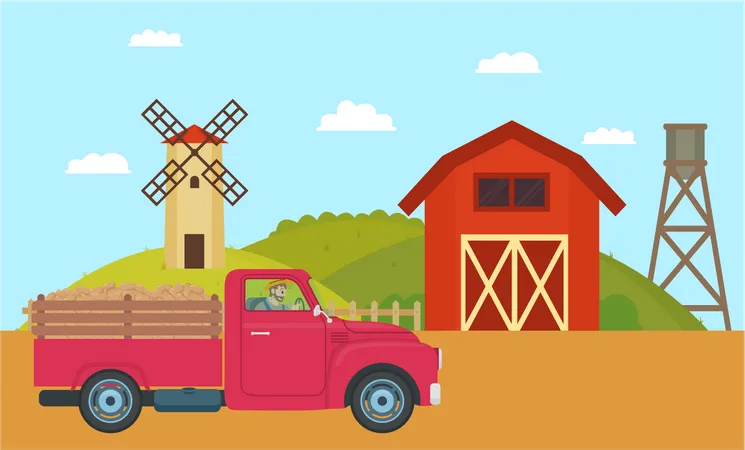 Farm Car And Barns Of Farm Man Transporting Potato Harvested Vegetable By Lorry Driving Through Windmill And Warehouses Farming Poster Text Vector Illustration
