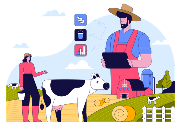Farmer runs farm milk production on tablet using data  Illustration