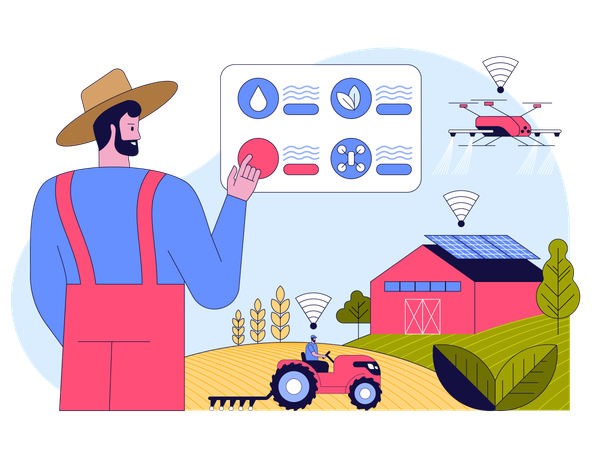 Farmer runs farm on data gathering panel  Illustration