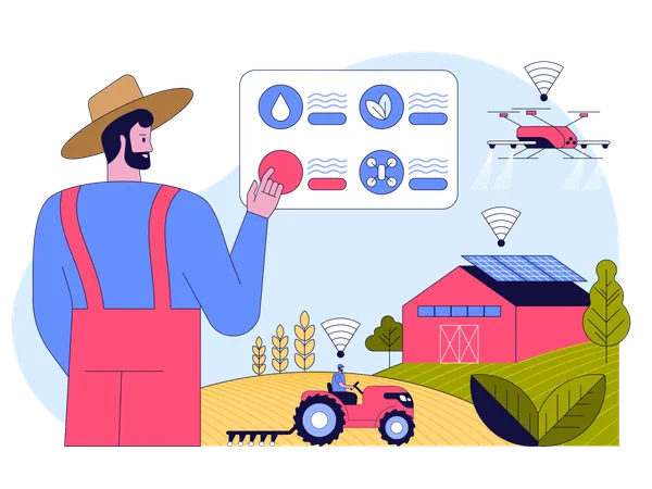 Farmer runs farm on data gathering panel  Illustration