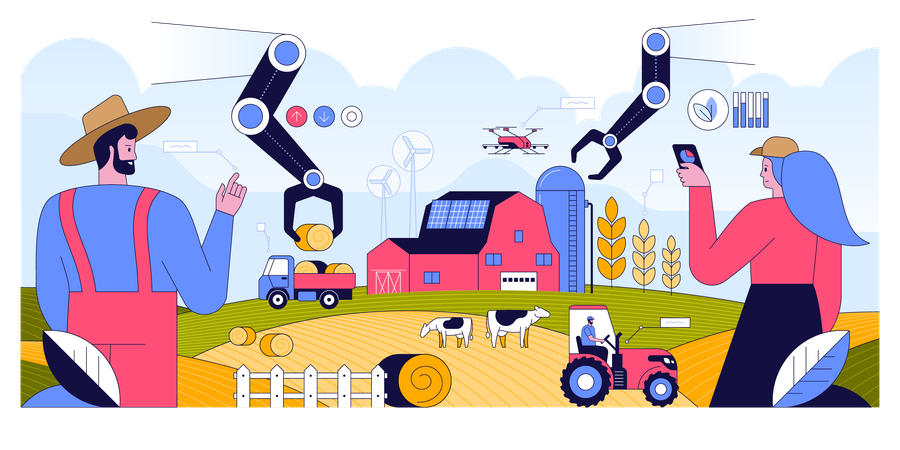 Farmer runs farm on mobile app  Illustration