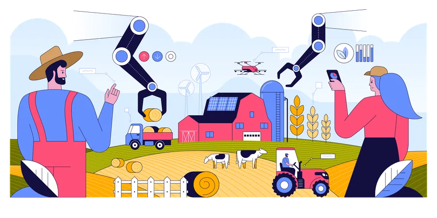 Farmer runs farm on mobile app  Illustration