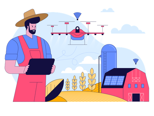 Farmer runs farm on tablet using data and drone  Illustration