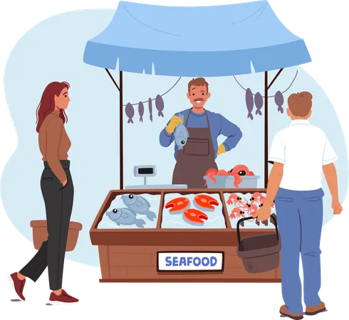 Farmer Character Beaming With Pride Stands At Seafood Stall Clutching Freshly Caught Fish In His Gloved Hand Showcasing Bountiful Glistening Catch To Customers Cartoon People Vector Illustration Illustration