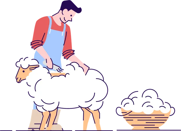 Farmer Shearing Sheep Flat Vector Character Wool Production Livestock Farming Animal Husbandry Concept With Outline Male Shearer Cutting Merino Wool Cartoon Illustration Isolated On White イラスト