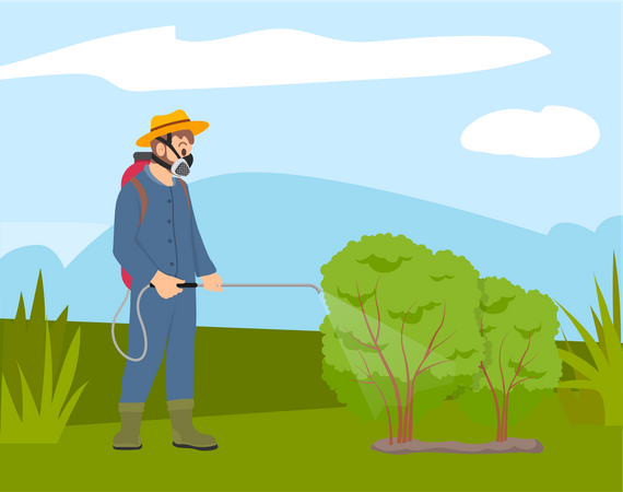 Farmer Spraying insecticide exterminator on plants  Illustration