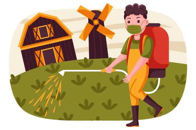 Farmer spraying pesticides in farm  Illustration