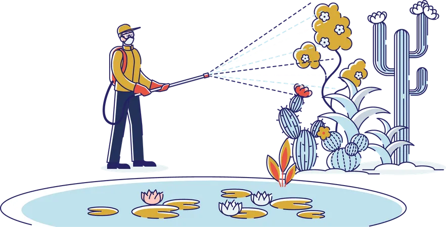 Farmer spraying pesticides to the plants  Illustration