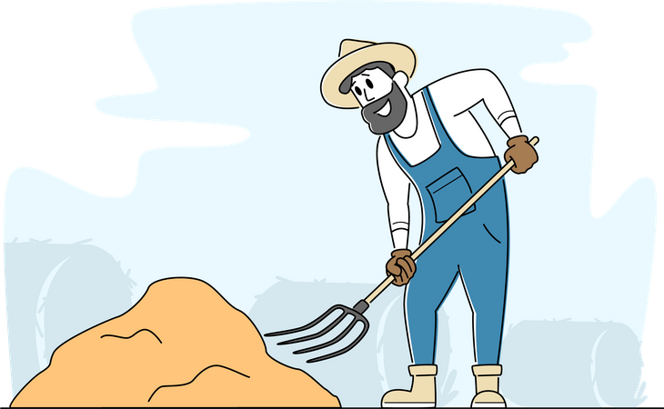 Farmer stacking haystack during summertime  Illustration