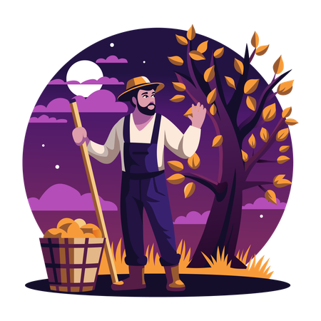 Farmer standing in cozy night  Illustration