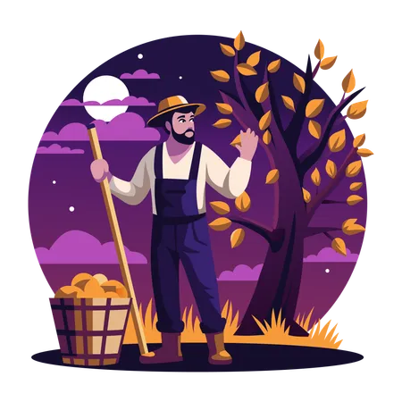 Farmer standing in cozy night  Illustration