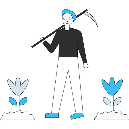Farmer standing in farm with pick axe Illustration