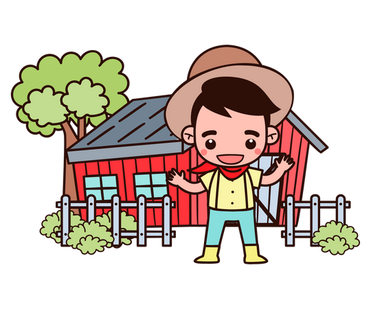 Farmer standing near farmhouse Illustration