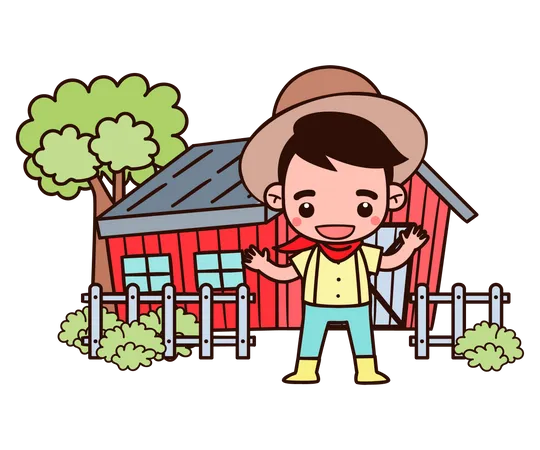 Farmer standing near farmhouse  Illustration