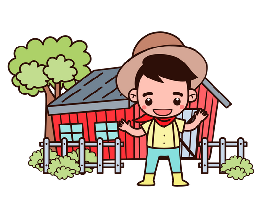 Farmer standing near farmhouse  Illustration