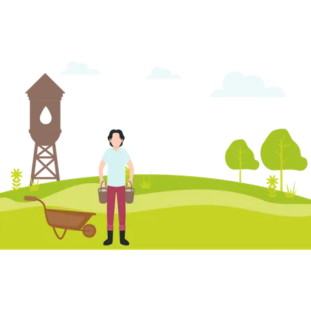 Farmer standing near wheelbarrow  Illustration
