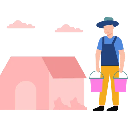 Farmer standing with buckets in hands Illustration