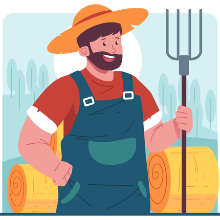 Farmer standing with pithcfork  Illustration