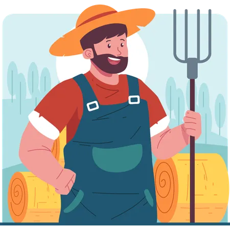 Farmer standing with pithcfork  Illustration