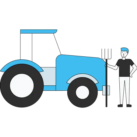 Farmer standing with tractor and pitch fork  Illustration