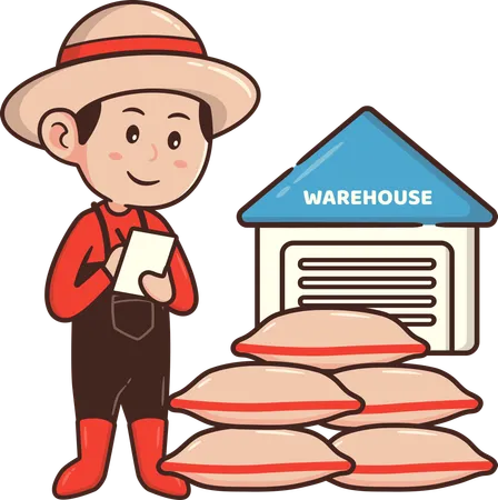 Farmer stores his wheat cultivation in warehouse  Illustration