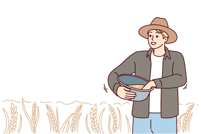 Farmer throwing seeds at farm  Illustration