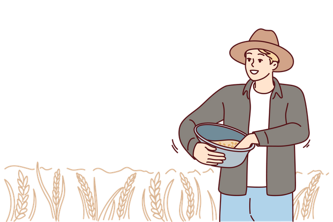 Farmer throwing seeds at farm  Illustration