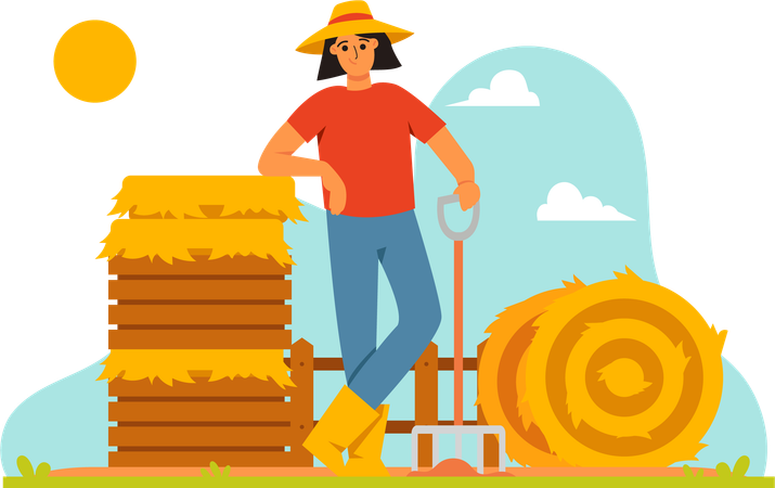 Farmer Tidying Up the Hay  イラスト