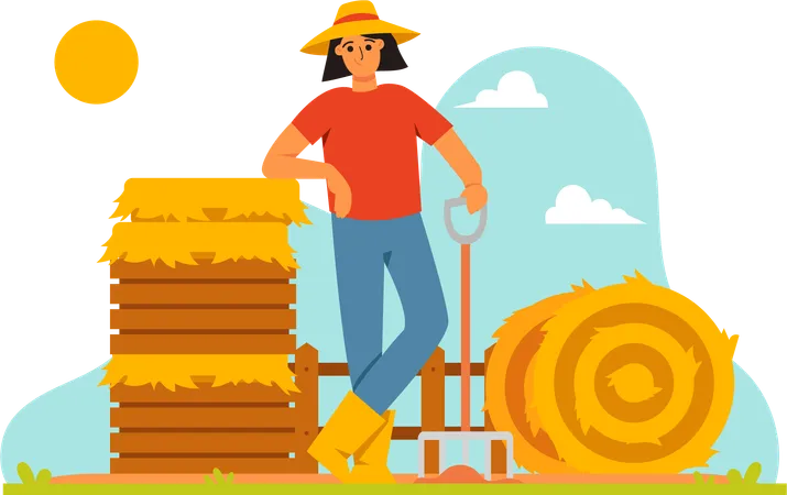 Farmer Tidying Up the Hay  일러스트레이션