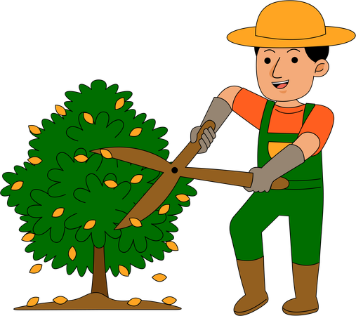 Farmer trims garden plants  Illustration