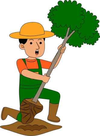 Farmer uproots big tree  Illustration