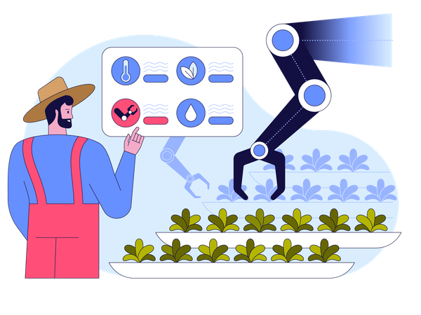 Farmer use Robotic hand growing microgreens at shelves  Illustration