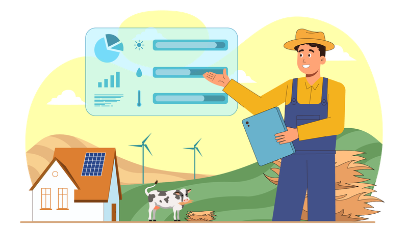 Farmer uses renewable energy in his farm  Illustration