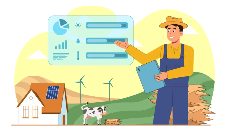 Farmer uses renewable energy in his farm  Illustration