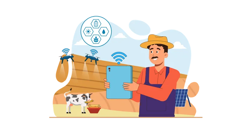 Farmer using drone for farm monitoring Illustration