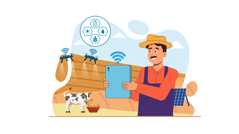 Farmer using drone for farm monitoring  Illustration