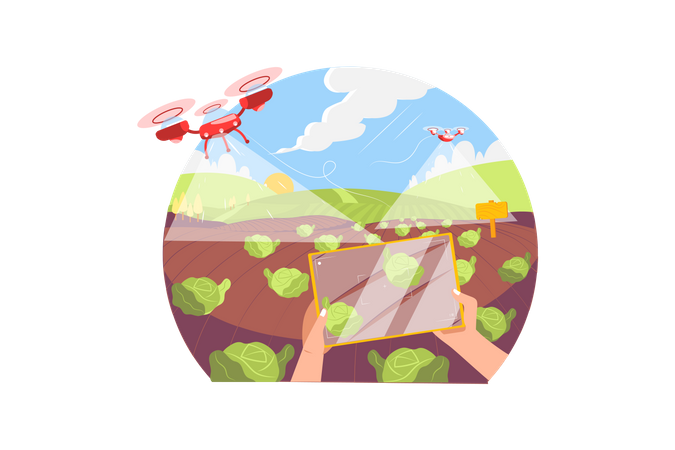 Farmer using drone to keep eye on the field Illustration