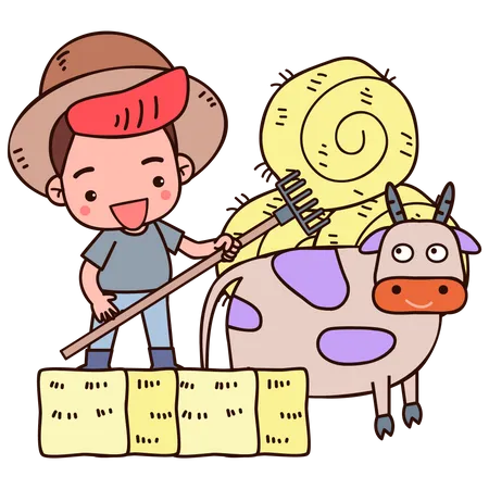 Farmer using fork to scoop straw  イラスト