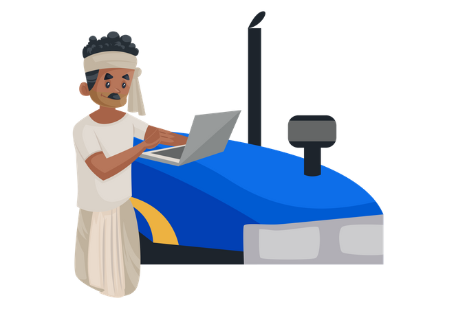 Farmer using laptop on tractor top  Illustration