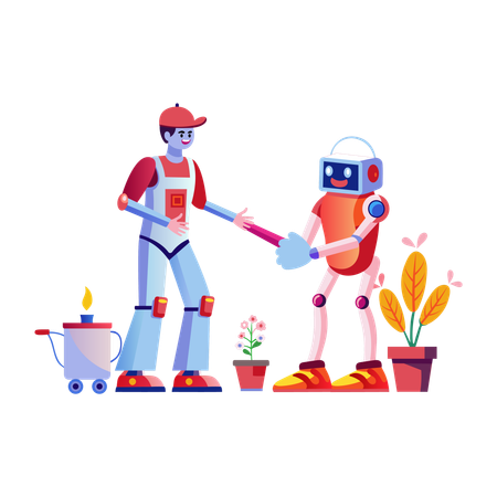 Farmer using robot gardening  Illustration