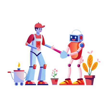 Farmer using robot gardening  Illustration