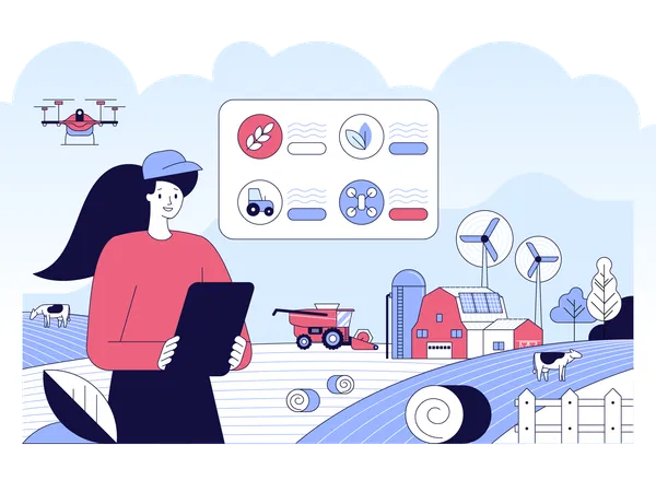 タブレットを使用してスマート農場を監視する農家  イラスト