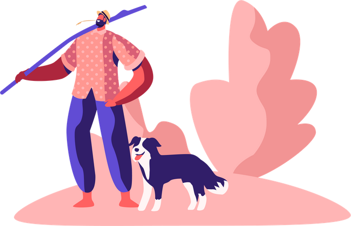 Farmer Walking Outdoors with Dog Illustration