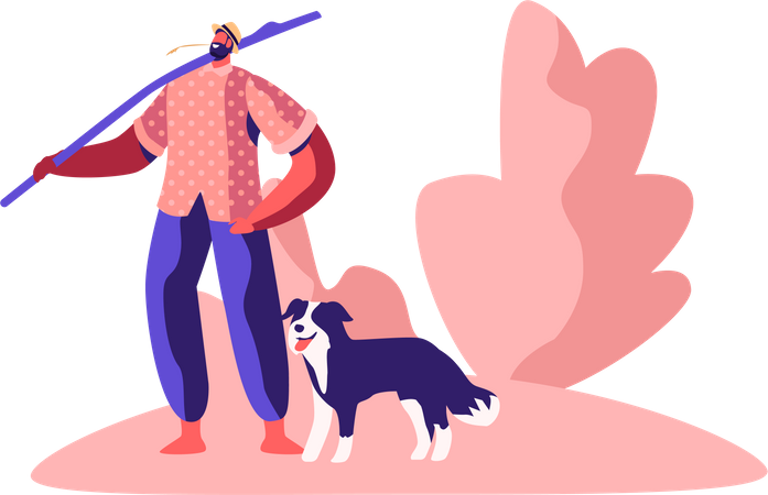 Farmer Walking Outdoors with Dog  Illustration