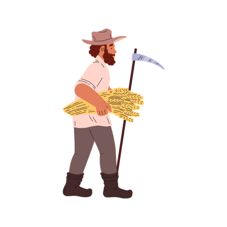 Farmer walking with sheaf of wheat  Illustration