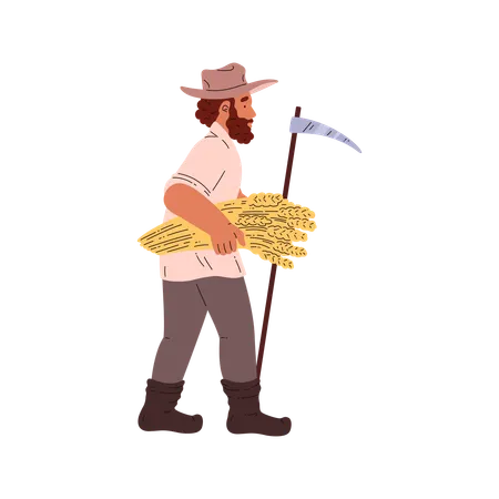 Farmer walking with sheaf of wheat  Illustration