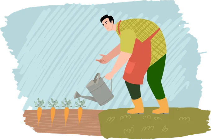 Farmer watering carrot plants  일러스트레이션