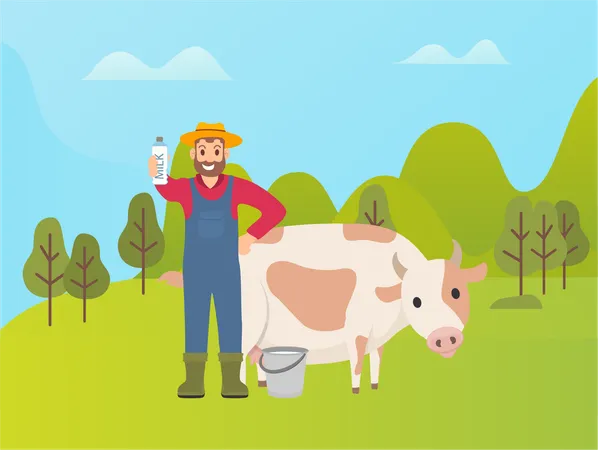 Person With Animal Vector Farmer Standing By Cow In Green Nature Cattle Caring Bucket With Fresh Product And Package With Vitamins Livestock And Man Illustration