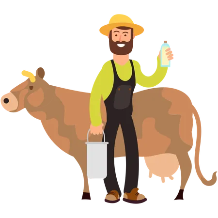 Farmer with fresh cow milk  Illustration